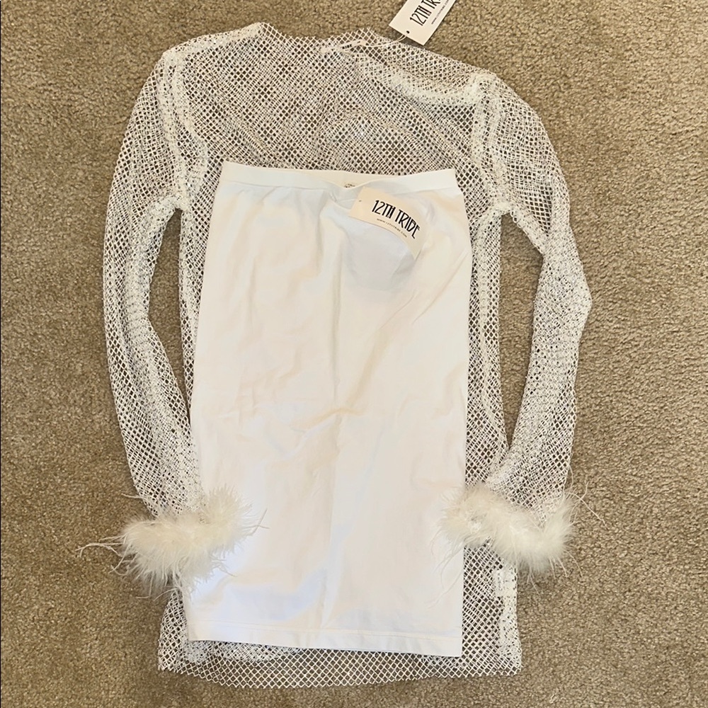 White Mesh Swimsuit cover with Feather Cuffs